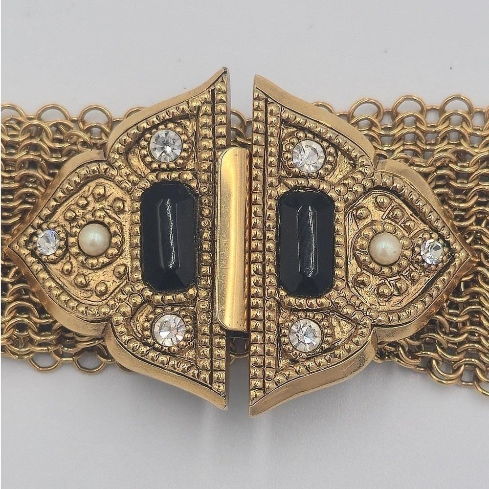 Whiting and Davis Mesh Bracelet Women 7in Gold Black Onyx Pearl Vintage Good
